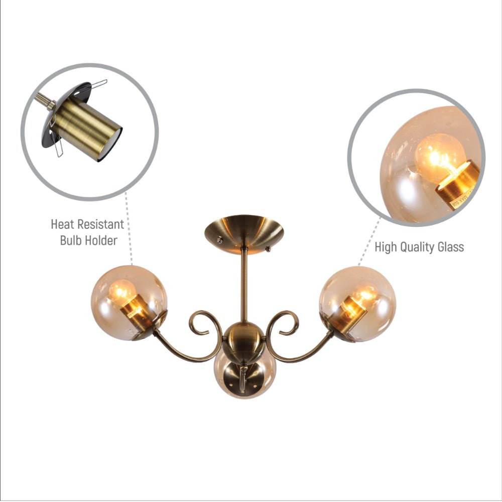 Close up shots of Amber Globe Glass Antique Brass Metal Body Vintage Retro Crystal Ceiling Light with E27 Fittings | TEKLED 159-17772