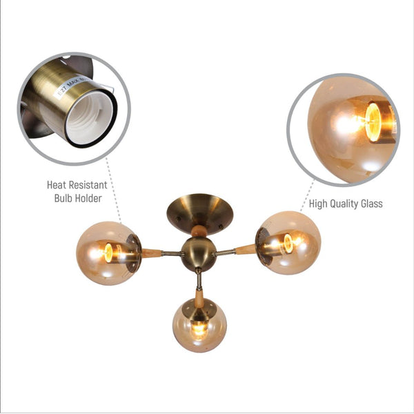 Close up shots of Amber Globe Glass Antique Brass Metal Wood Body Vintage Retro Molecule Ceiling Light with E27 Fittings | TEKLED 159-17778
