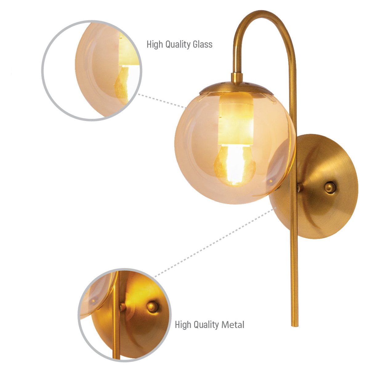 Close up shots of Amber Globe Glass Gold Aluminium Bronze Cane Metal Downward Wall Light with E27 Fitting | TEKLED 151-19488