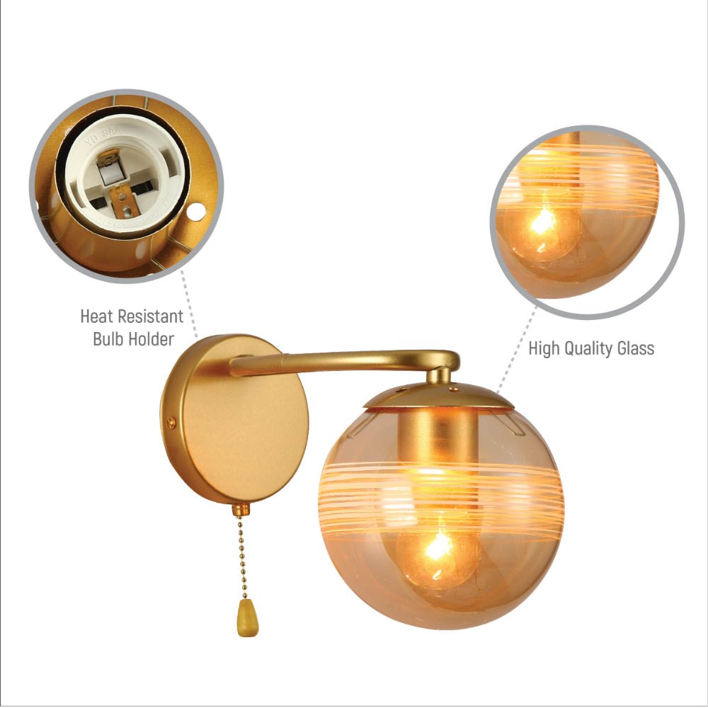 Close up shots of Amber Globe Glass Gold Ellipse Metal Body Modern Wall Light with Pull Down Switch E27 Fitting | TEKLED 151-19784