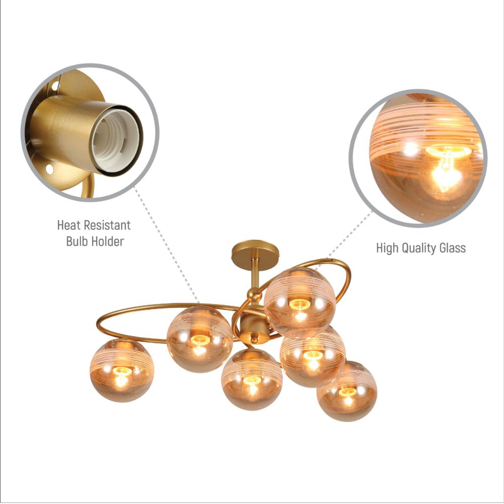 Close up shots of Amber Globe Glass Gold Ellipse Metal Body Semi Flush Modern Ceiling Light with E27 Fittings | TEKLED 159-17666