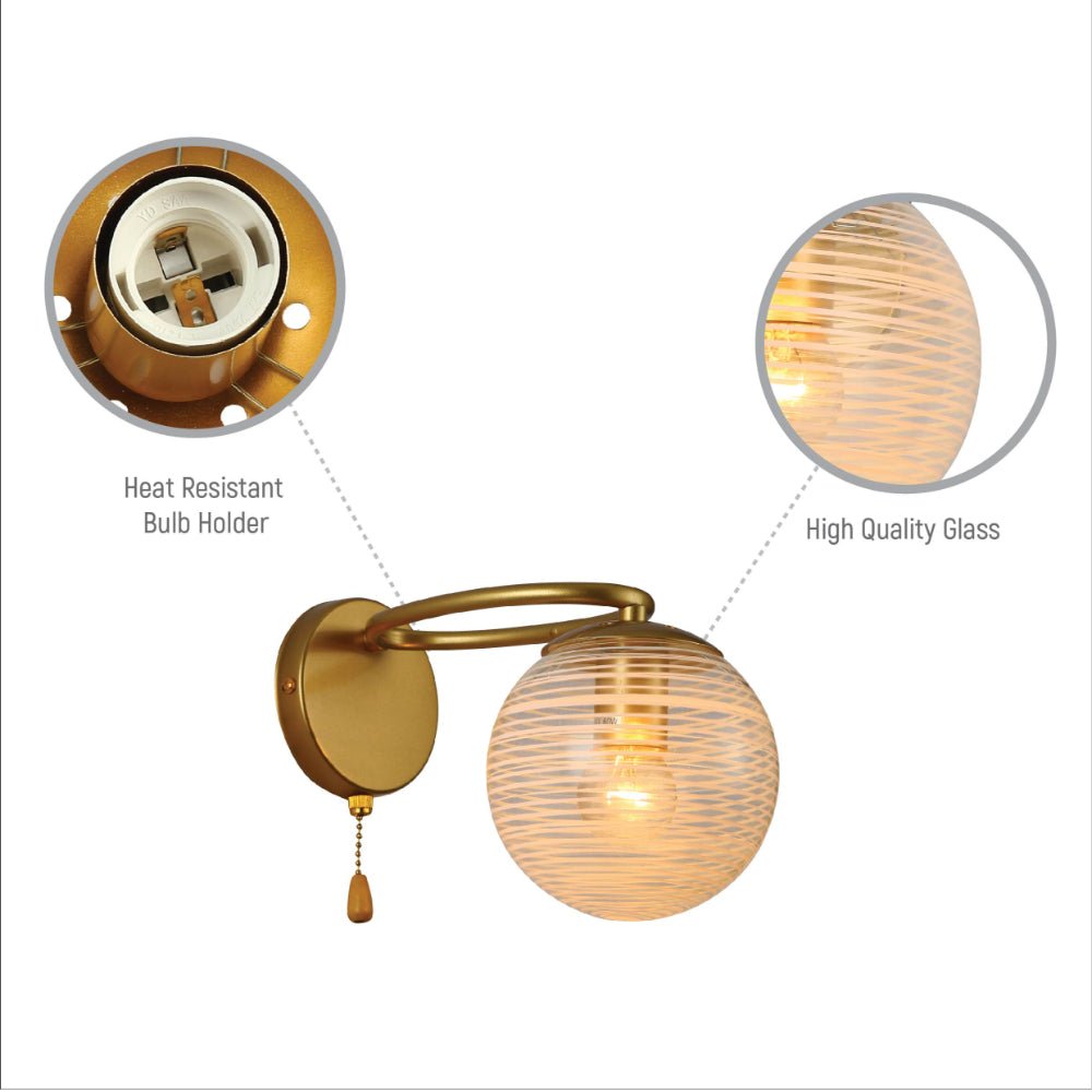 Close up shots of Amber Globe Glass Gold Metal Ellipse Vintage Retro Wall Light with Pull Down Switch E27 Fitting | TEKLED 151-19788