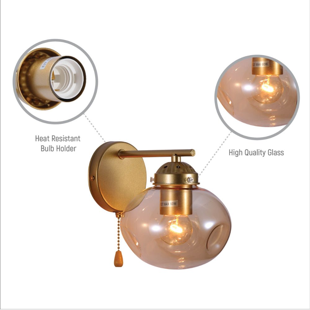 Close up shots of Amber Globe Glass Gold Metal Vintage Retro Wall Light with Pull Down Switch E27 Fitting | TEKLED 151-19774