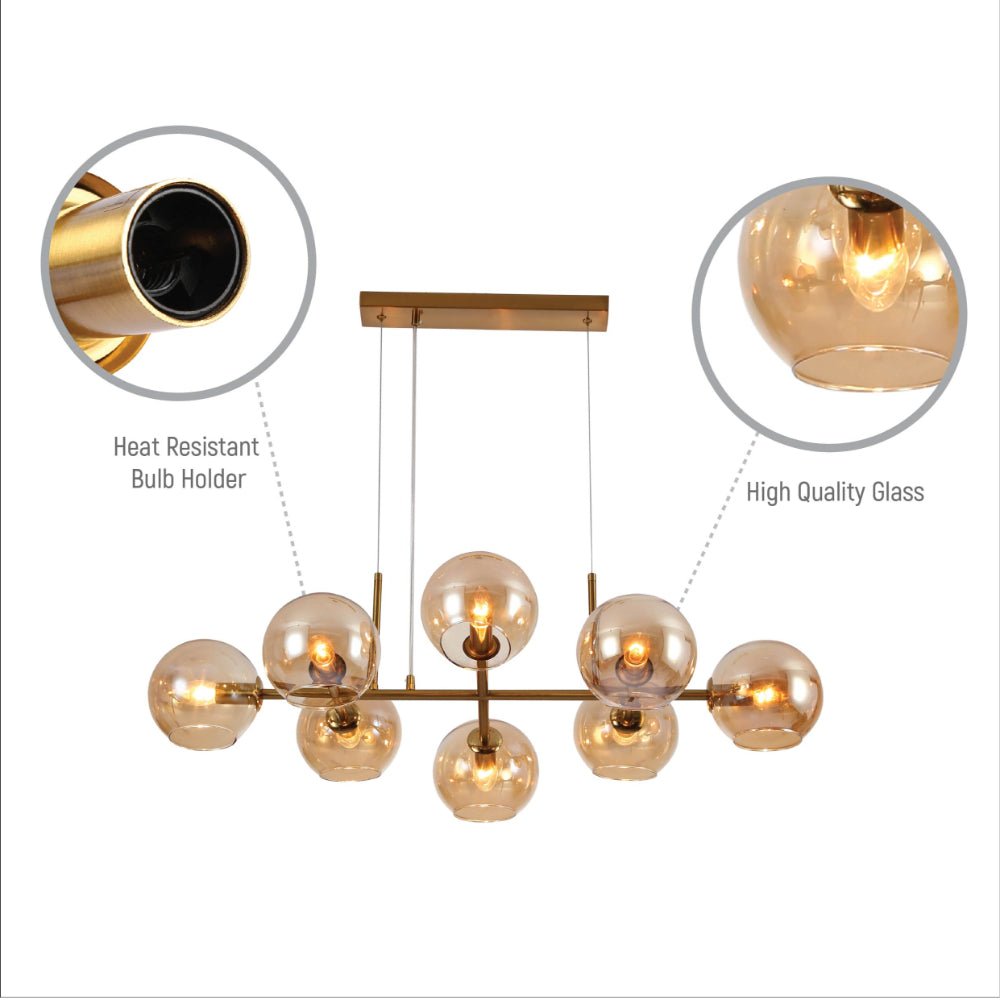 Close up shots of Amber Globe Glasses Gold Metal Body Kitchen Island Chandelier Ceiling Light with 8xE14 Fittings | TEKLED 158-19806