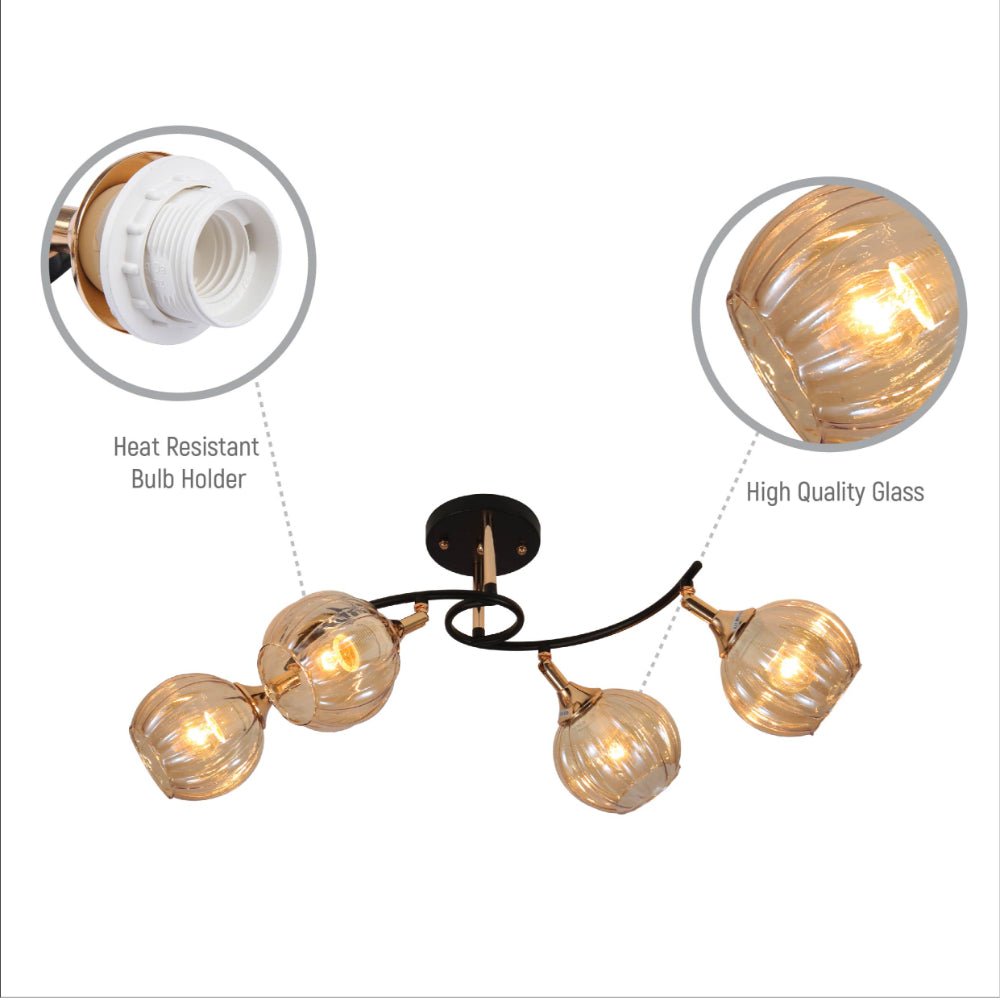 Close up shots of Amber Reeded Globe Glass Black Gold Metal Body Vintage Retro Semi Flush Ceiling Light with E27 Fittings | TEKLED 159-17732