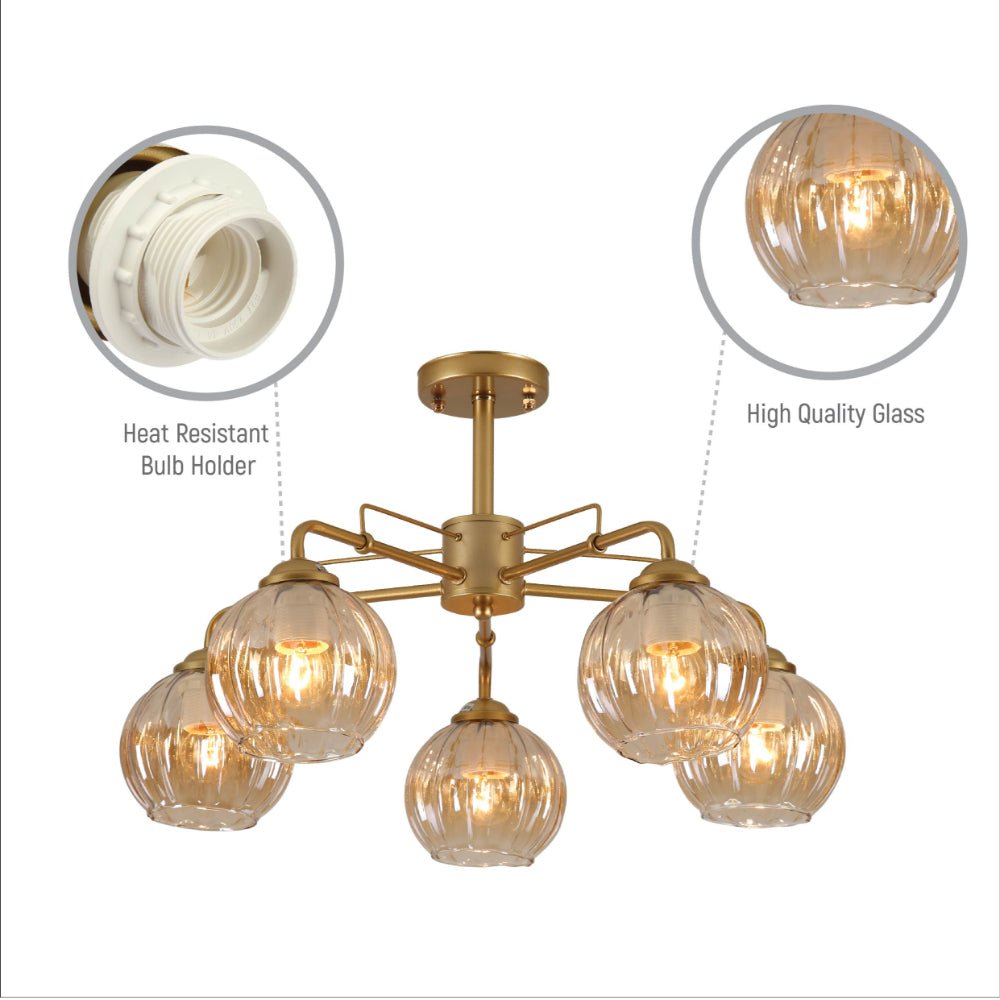 Close up shots of Amber Reeded Globe Glass Gold Metal Industrial Vintage Retro Semi Flush Ceiling Light with E27 Fittings | TEKLED 159-17654