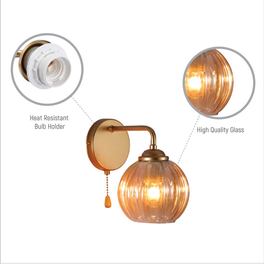 Close up shots of Amber Reeded Globe Glass Gold Metal Industrial Vintage Retro Wall Light with Pull Down Switch E27 Fitting | TEKLED 151-19778