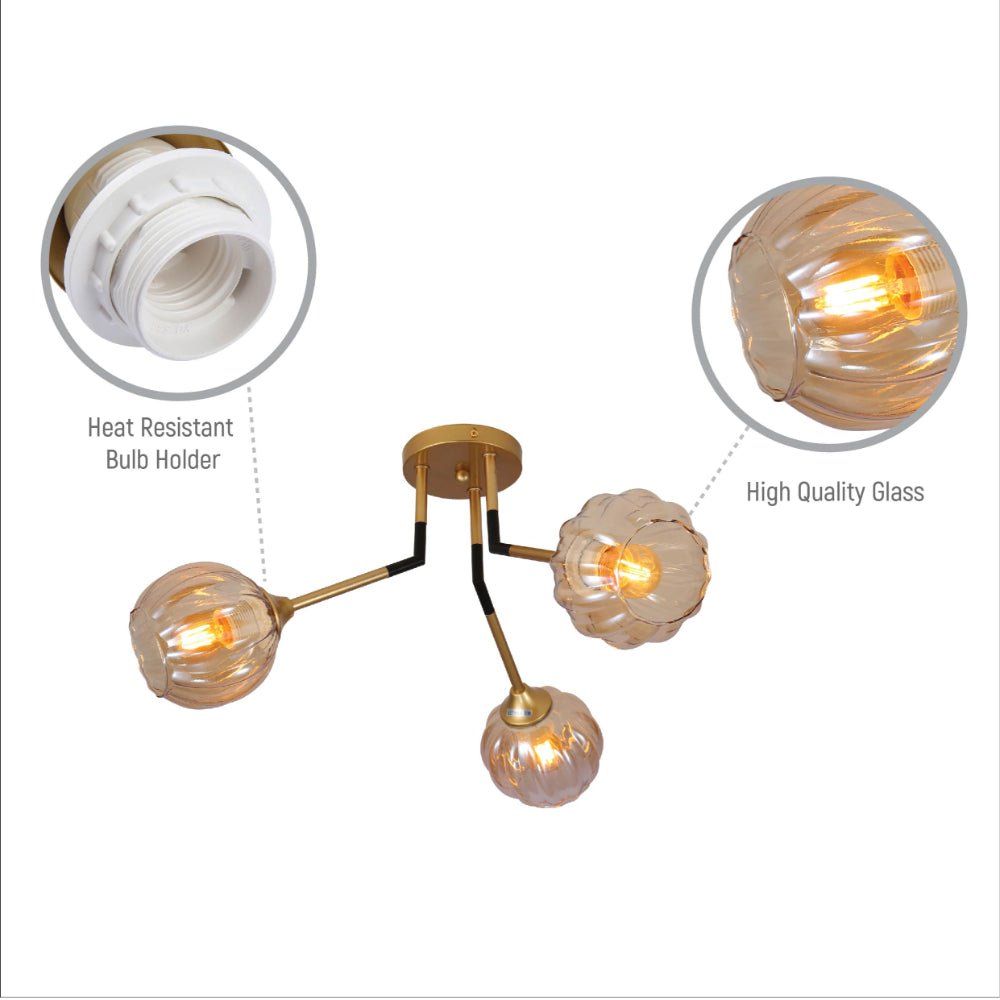 Close up shots of Amber Reeded Globe Glass Gold Metal Vintage Retro Semi Flush Ceiling Light with E27 Fittings | TEKLED 159-17660
