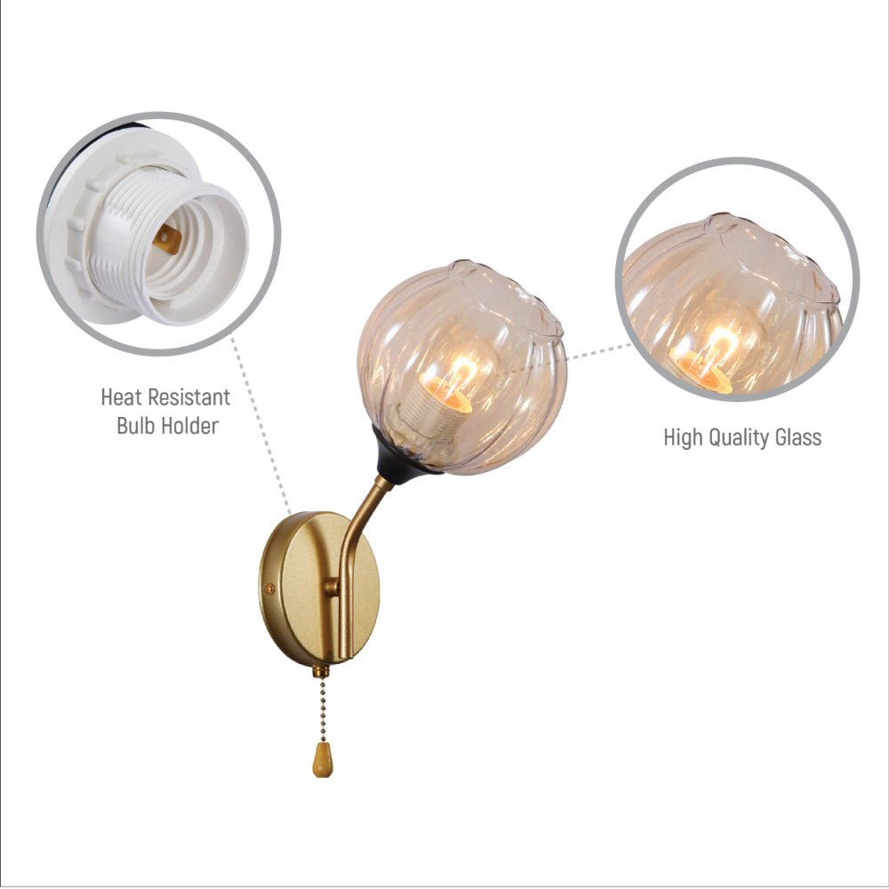 Close up shots of Amber Reeded Globe Glass Gold Metal Vintage Retro Wall Light with Pull Down Switch E27 Fitting | TEKLED 151-19782