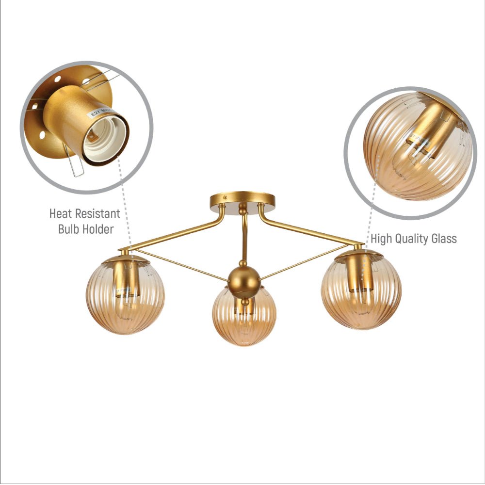Close up shots of Amber Reeded Globe Gold Semi Flush Ceiling Light E27 | TEKLED 159-17678