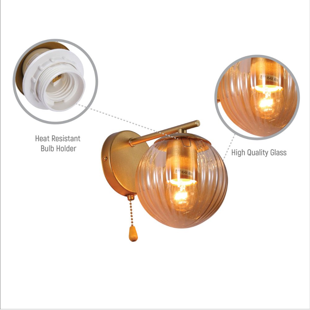 Close up shots of Amber Reeded Globe Gold Wall Light E27 Pull Down Switch | TEKLED 151-19790