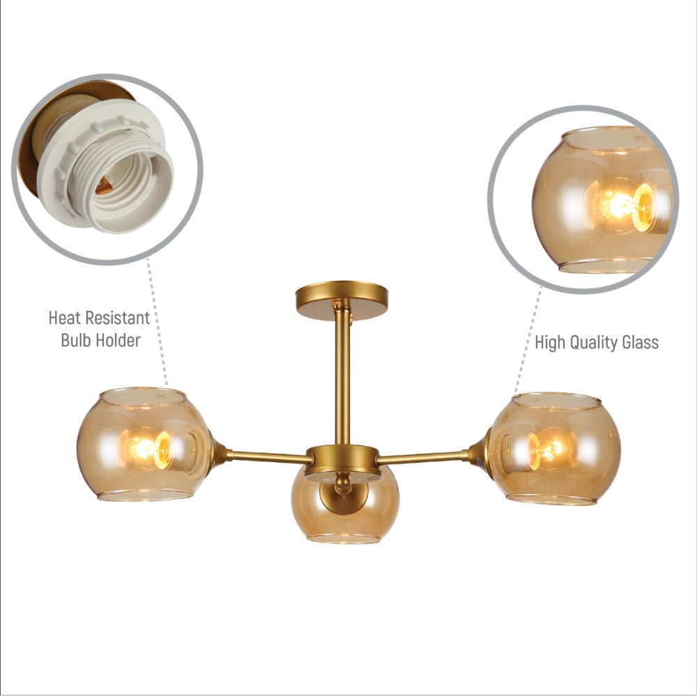 Close up shots of Amber Sides Open Globe Glass Gold Semi Flush Ceiling Light E27 | TEKLED 159-17632