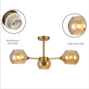 Close up shots of Amber Sides Open Globe Glass Gold Semi Flush Ceiling Light E27 | TEKLED 159-17632