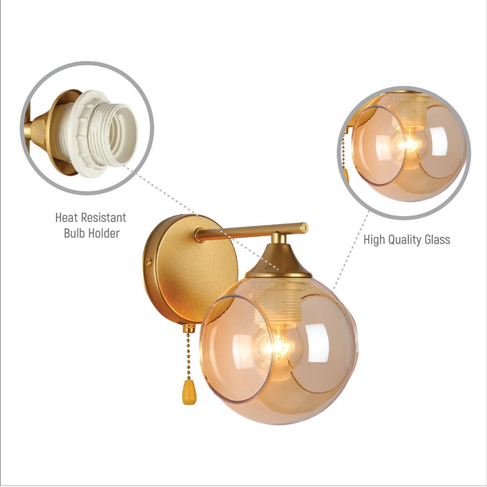 Close up shots of Amber Sides Open Globe Glass Gold Wall Light E27 Pull Down Switch | TEKLED 151-19770
