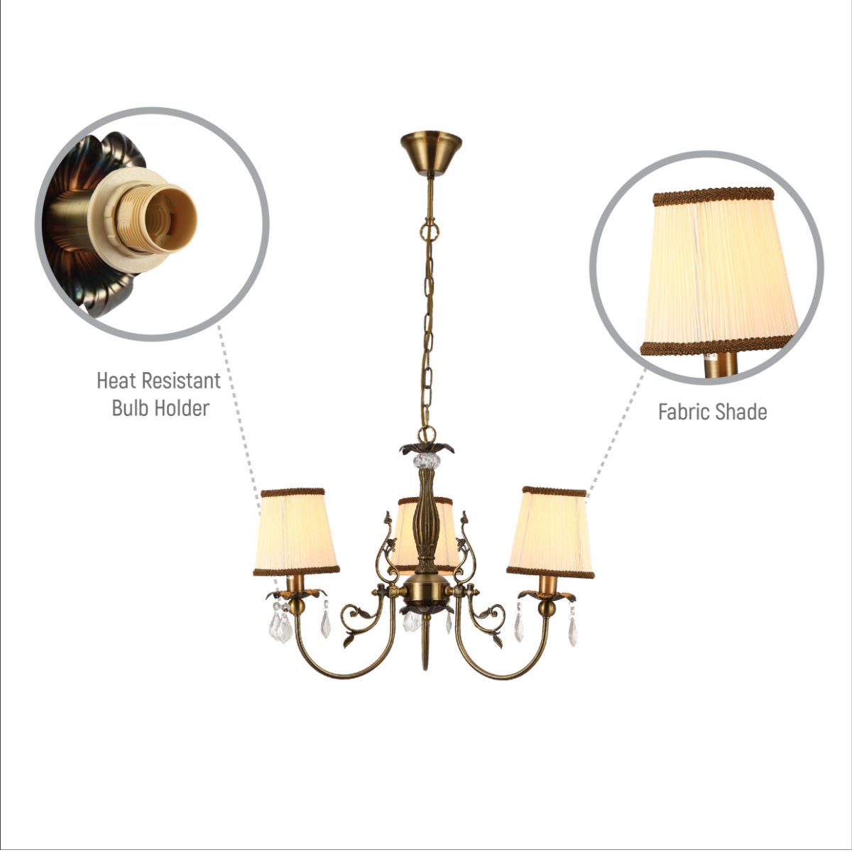 Close up shots of Antique Brass Finishing Metal Body Off White Shade Candle Vintage Crystal Ceiling Light with E14 | TEKLED 156-18200