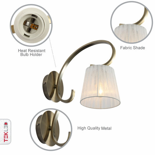 Close up shots of Antique Brass Metal Body Rice White Fabric Shade Lantern Vintage Traditional Retro Wall Light with E27 Fitting | TEKLED 151-19812