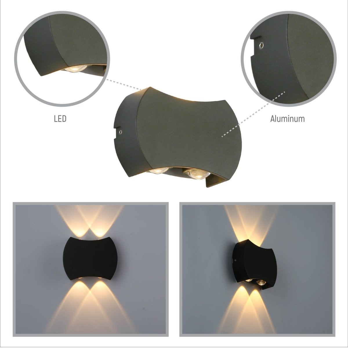 Close up shots of Black 4 way Up Down Outdoor Modern LED Wall Light | TEKLED 183-03312