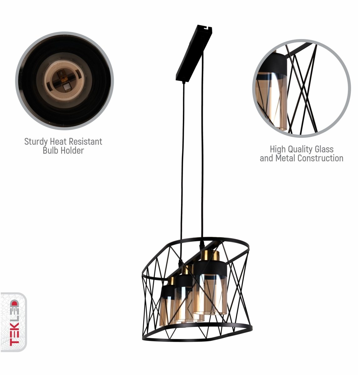 Close up shots of Black Cage Metal Amber Cylinder Glass Island Chandelier with 3xE27 Fittings | TEKLED 159-17498