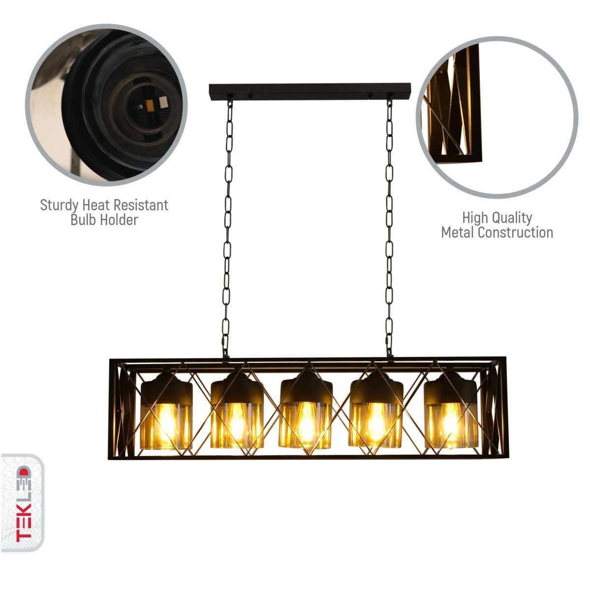 Close up shots of Black Caged Metal Amber Cylinder Glass Island Chandelier with 5xE27 Fitting | TEKLED 158-19580