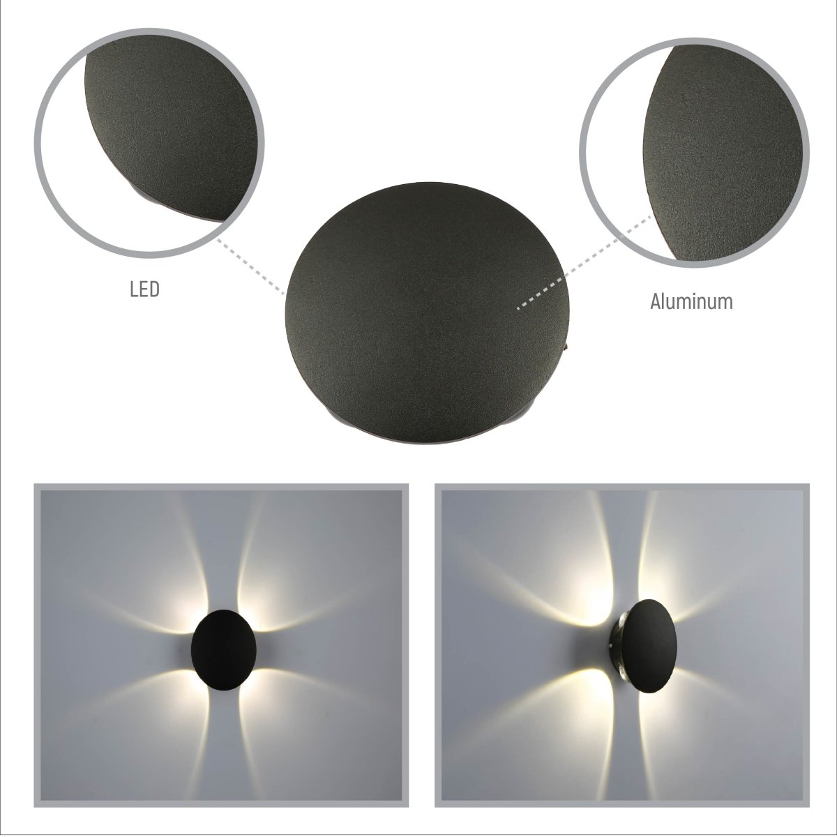 Close up shots of Black Compass 4 Way Outdoor Modern LED Wall Light | TEKLED 183-03310