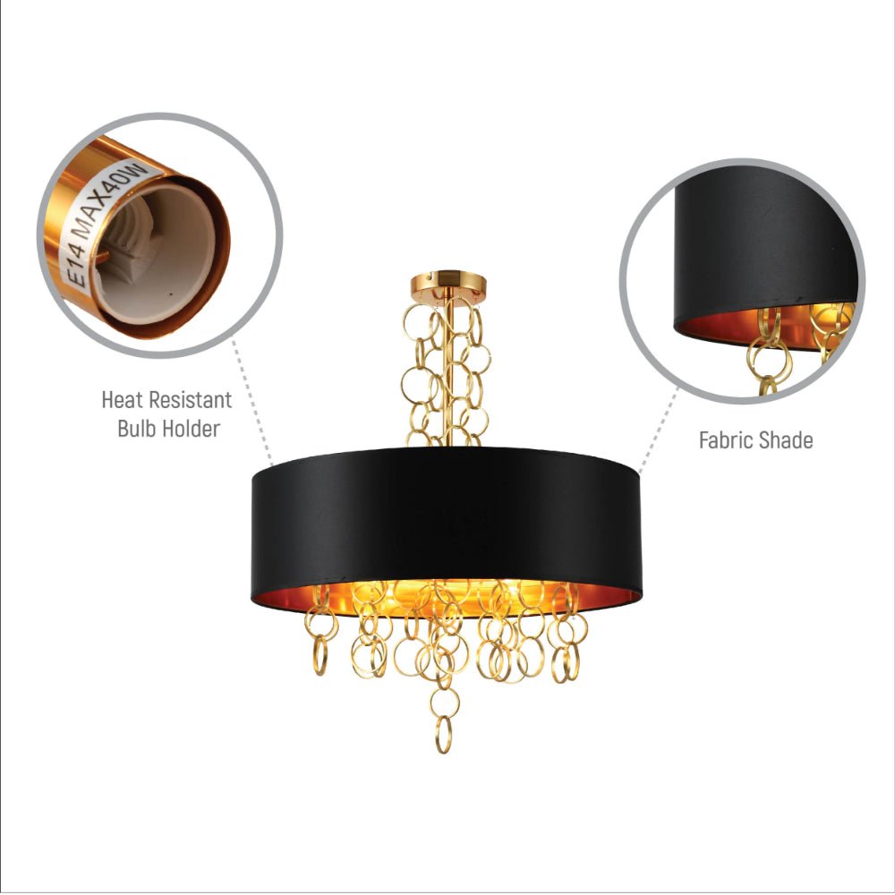 Close up shots of Black Copper Fabric Drum Shade Gold Ring Chandelier Ceiling Light with 4xE14 Fittings  | TEKLED 158-19622
