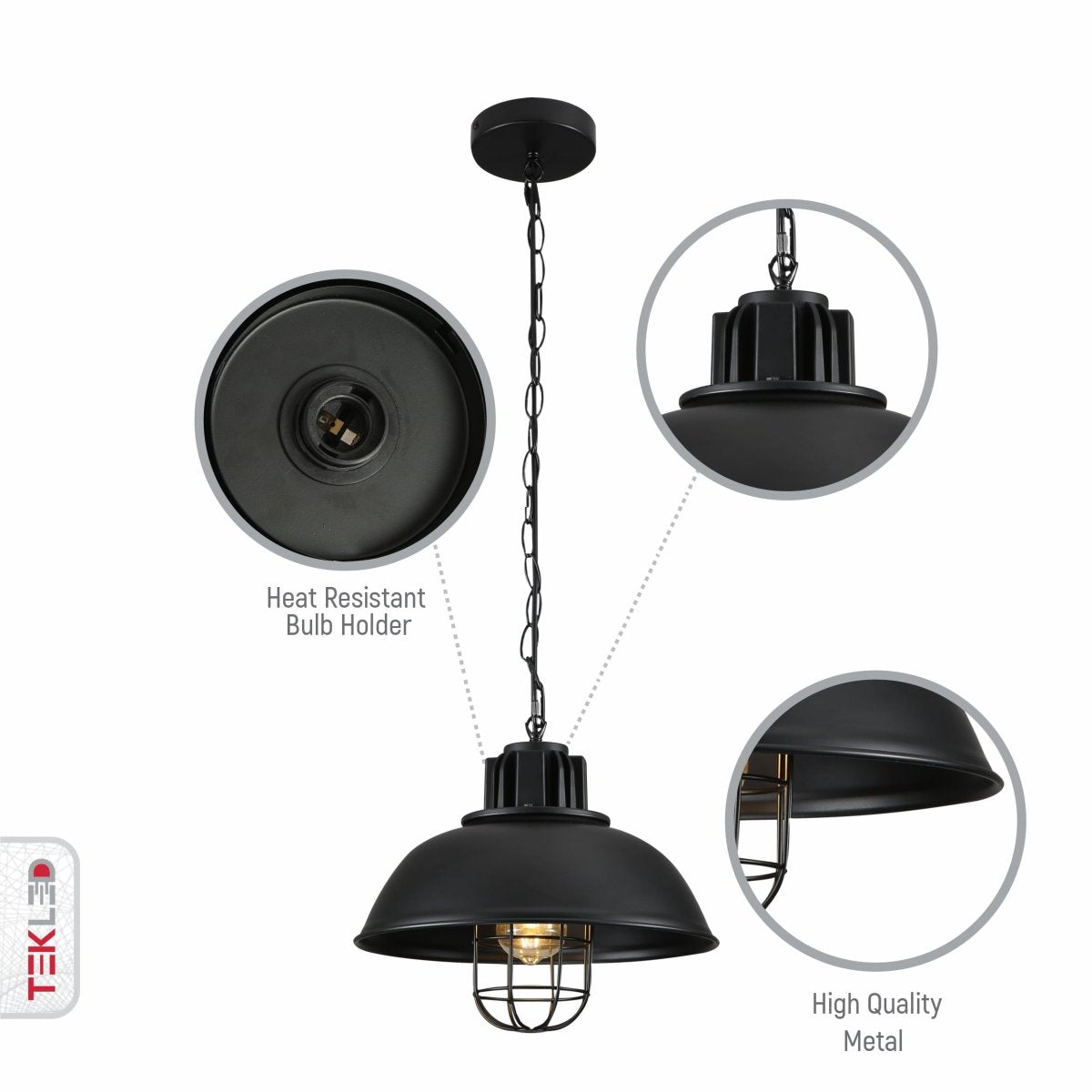 Close up shots of Black Dome Caged Industrial Metal Ceiling Pendant Light with E27 Fitting | TEKLED 150-18352