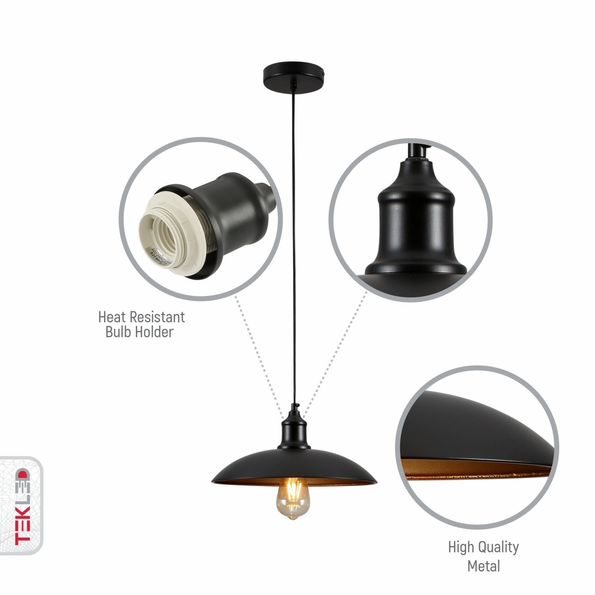 Close up shots of Black Flat Dome Industrial Metal Ceiling Pendant Light with E27 Fitting | TEKLED 150-18354