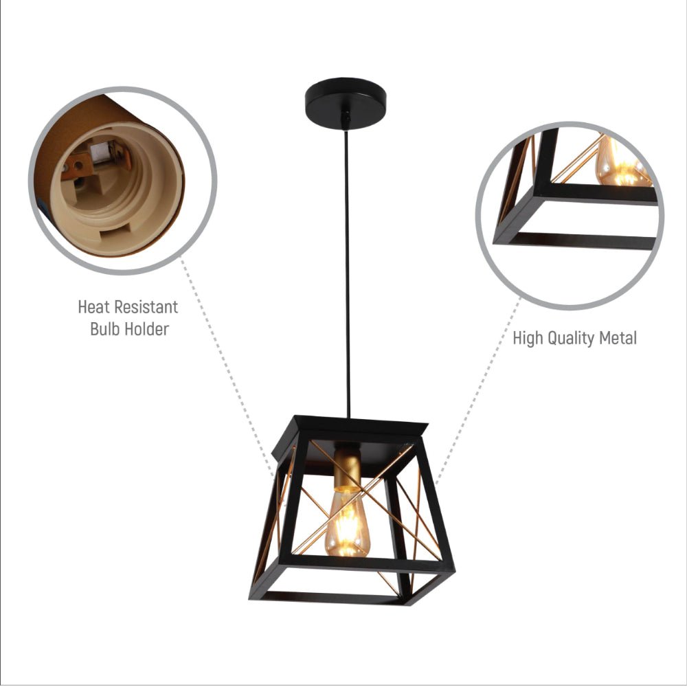 Close up shots of Black Gold Caged Industrial Retro Square Pendant Ceiling Light with E27 | TEKLED 159-17862
