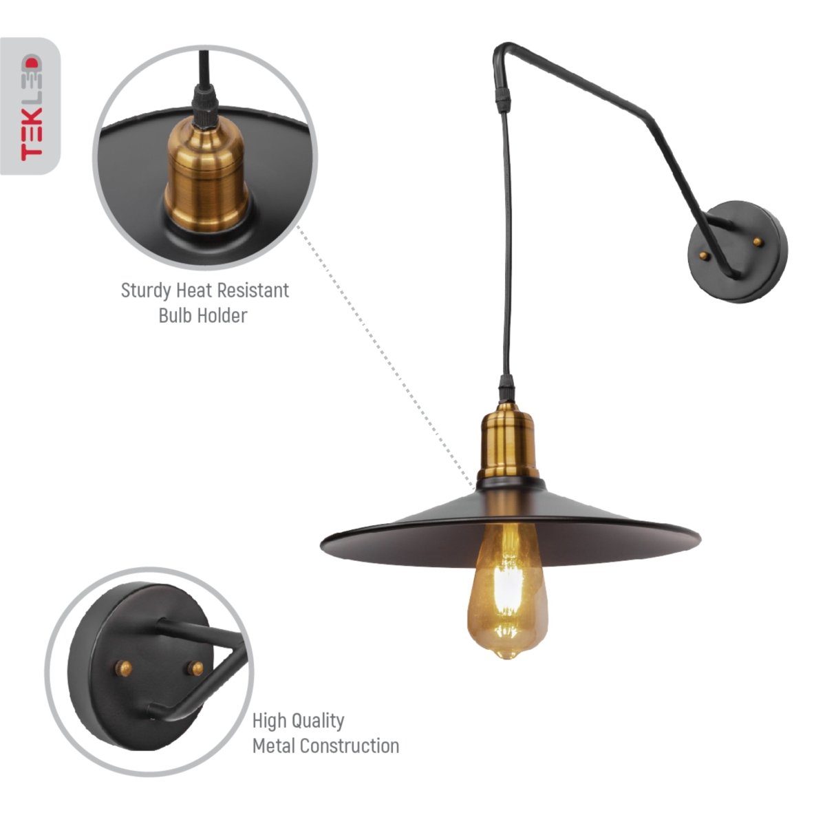 Close up shots of Black Gold Metal Suspended Wall Light with E27 Fitting | TEKLED 151-19636