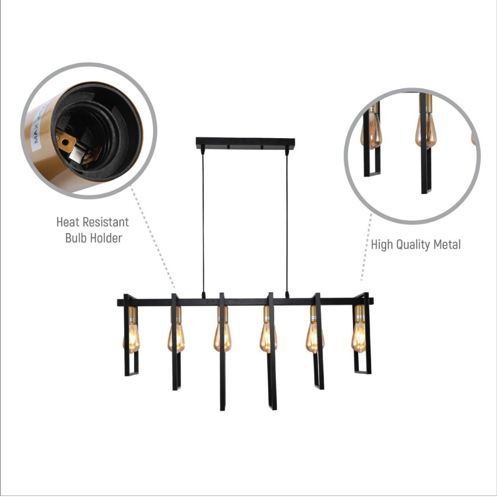Close up shots of Black Metal Body Cage Modern Kitchen island Chandelier Ceiling Light with Gold 6xE27 Fittings  | TEKLED 159-17874