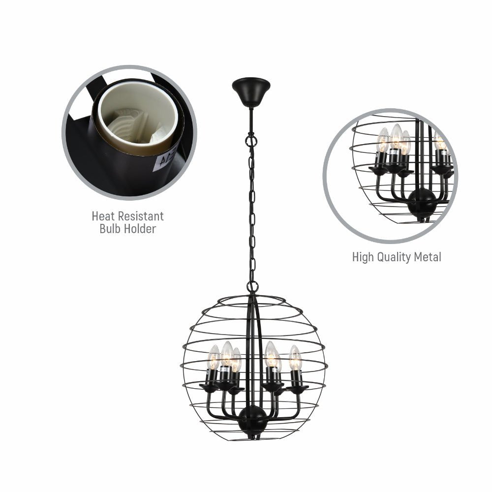 Close up shots of Black Metal Cage Candle Lantern Pendant Ceiling Light with 6xE14 Fittings | TEKLED 158-17564