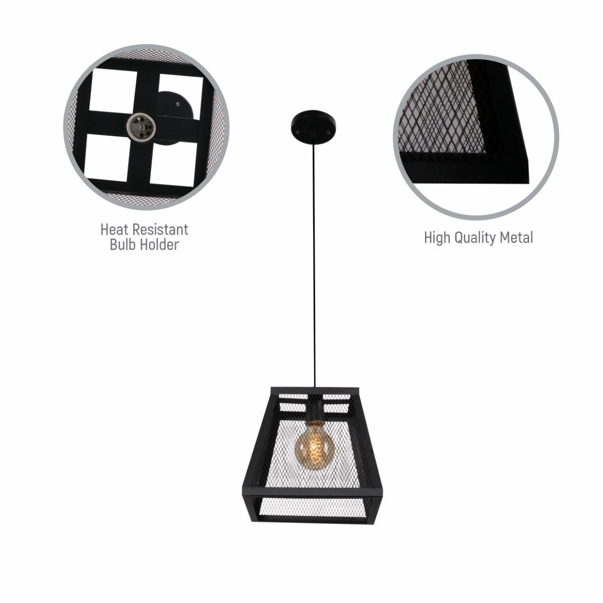 Close up shots of Black Metal Cuboid Caged Pendant Ceiling Light with E27 | TEKLED 150-17856