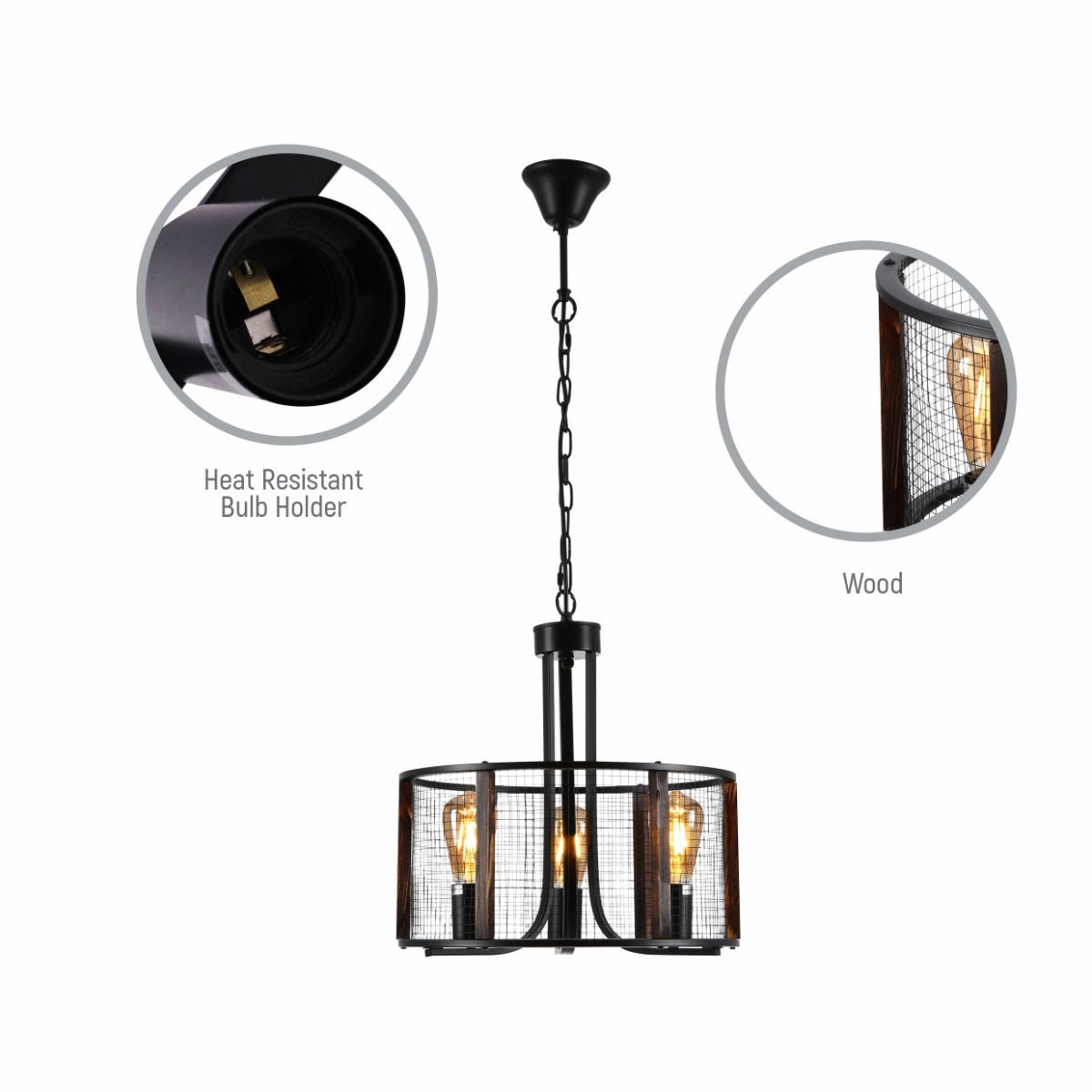 Close up shots of Black Metal Natural Wood Cylinder Cage Pendant Ceiling Light with 3xE27  | TEKLED 156-19530
