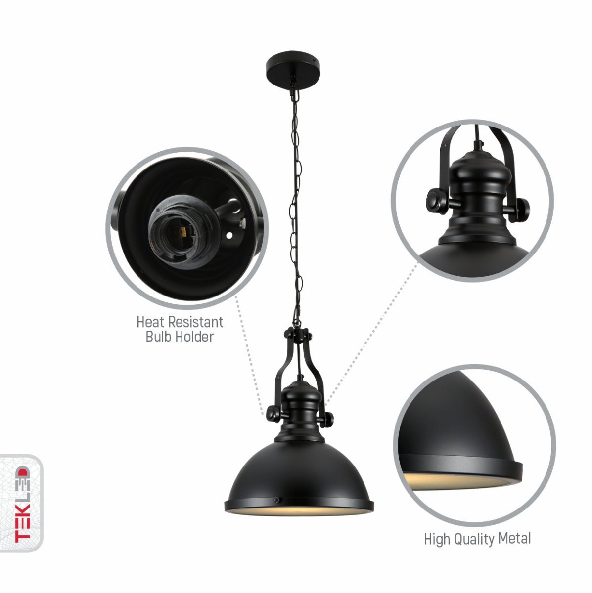 Close up shots of Black Nautical Industrial Caged Dome Shade Glass Metal Ceiling Pendant Light with E27 Fitting  | TEKLED 150-18372