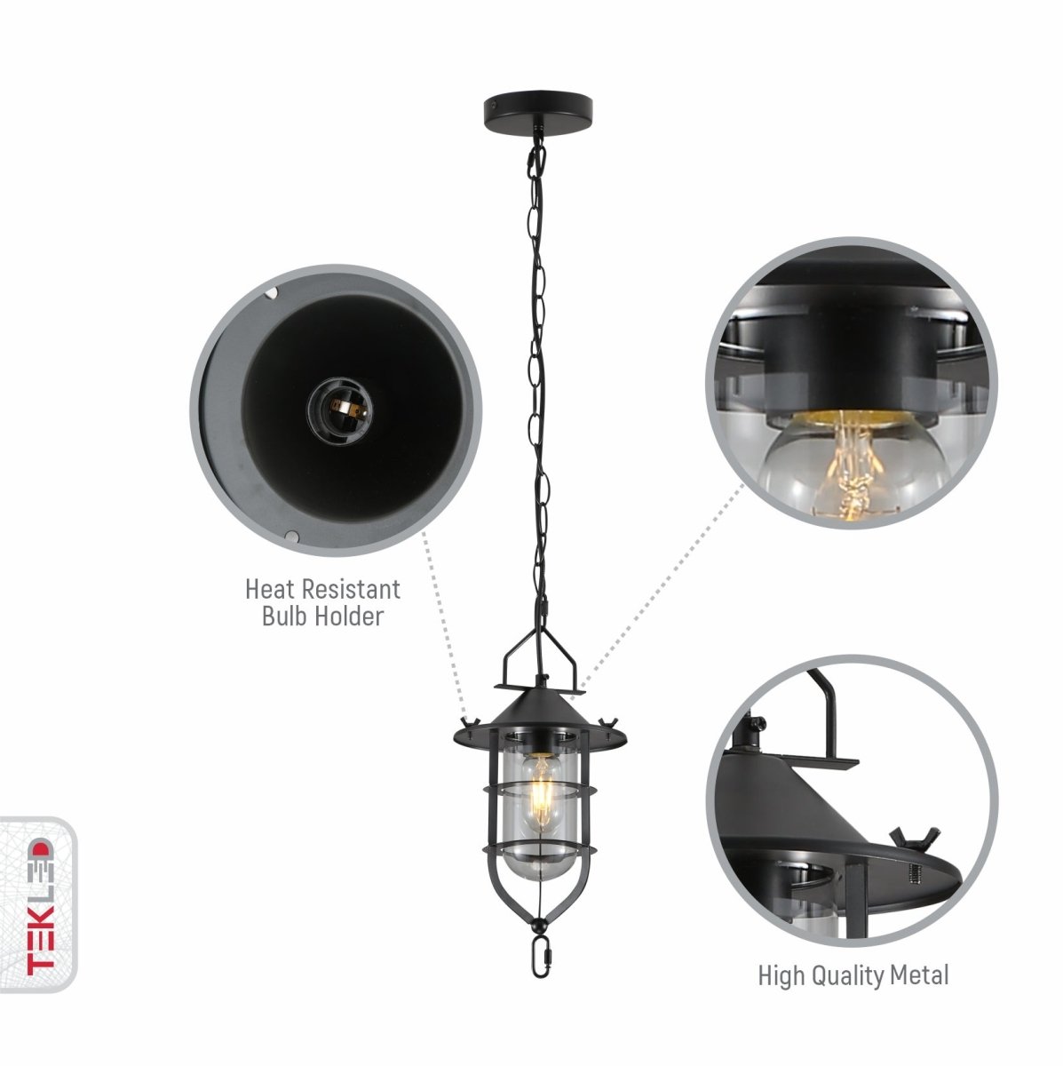Close up shots of Black Nautical Industrial Caged Flat Shade Small Glass Metal Ceiling Pendant Light with E27 Fitting  | TEKLED 150-18370