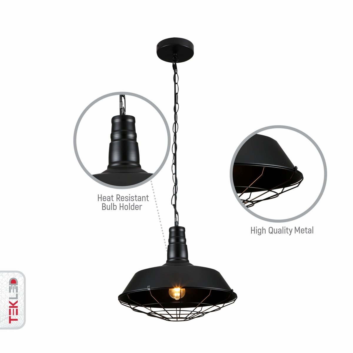 Close up shots of Black Step Caged Industrial Metal Ceiling Pendant Light with E27 Fitting | TEKLED 150-18362