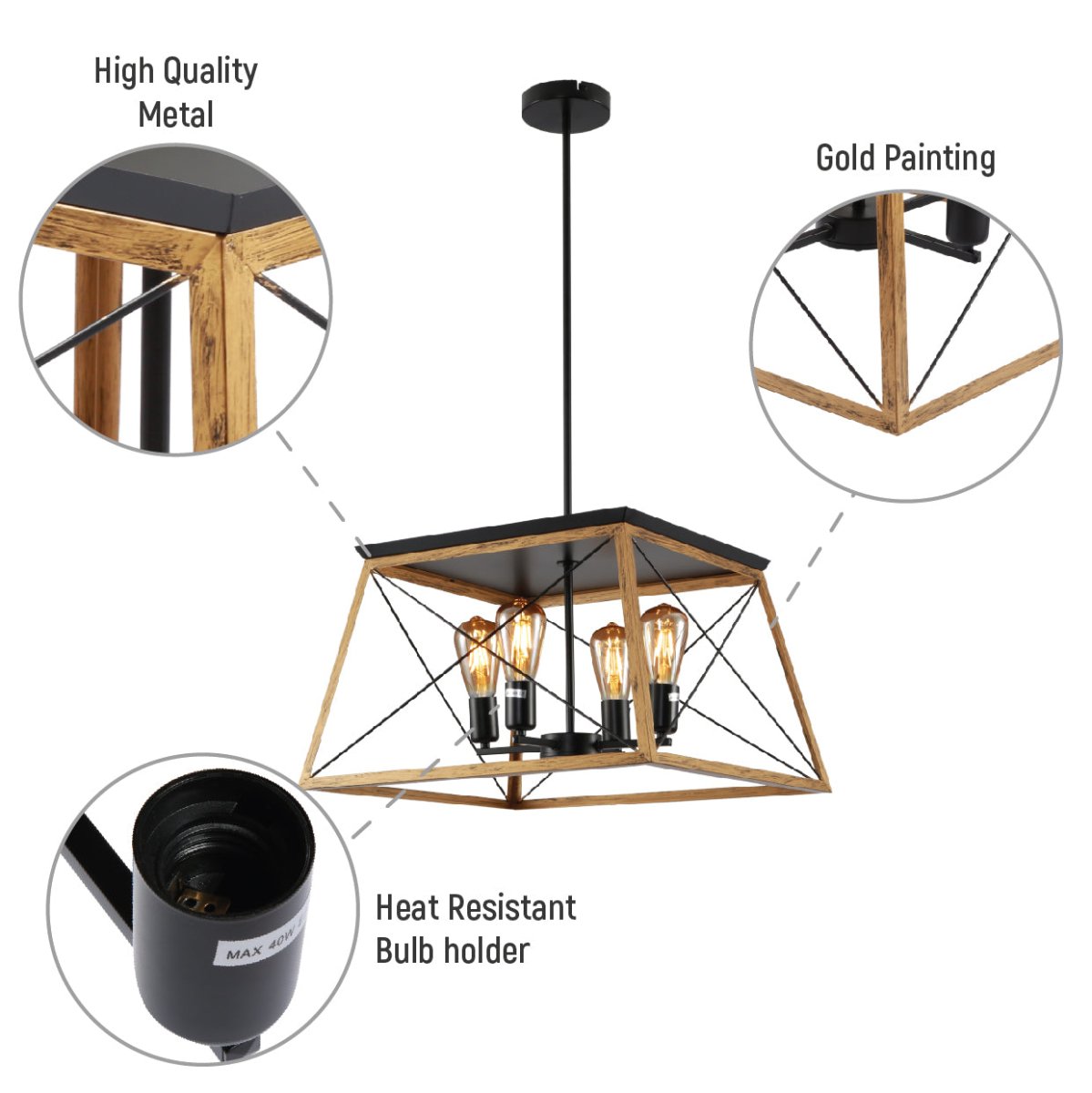 Close up shots of Caged Candle Industrial Kitchen Island Retro Square Pendant Ceiling Light with 4xE27 Gold Black Finishing | TEKLED 159-17870