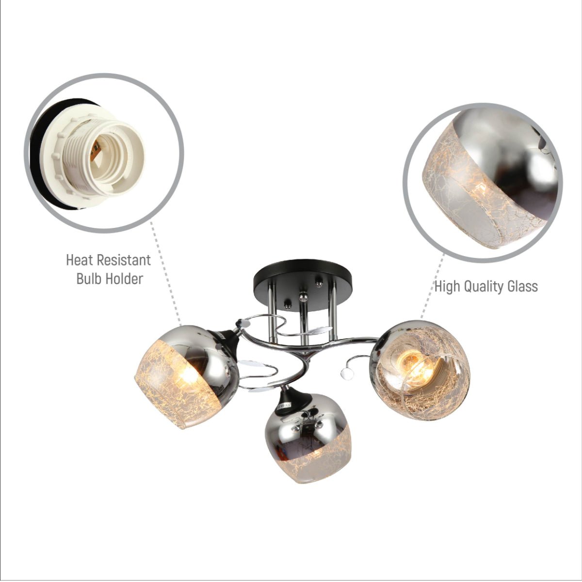 Close up shots of Chrome Metal Partial Mirror Cone Glass Ceiling Light with E27 Fittings | TEKLED 159-17606