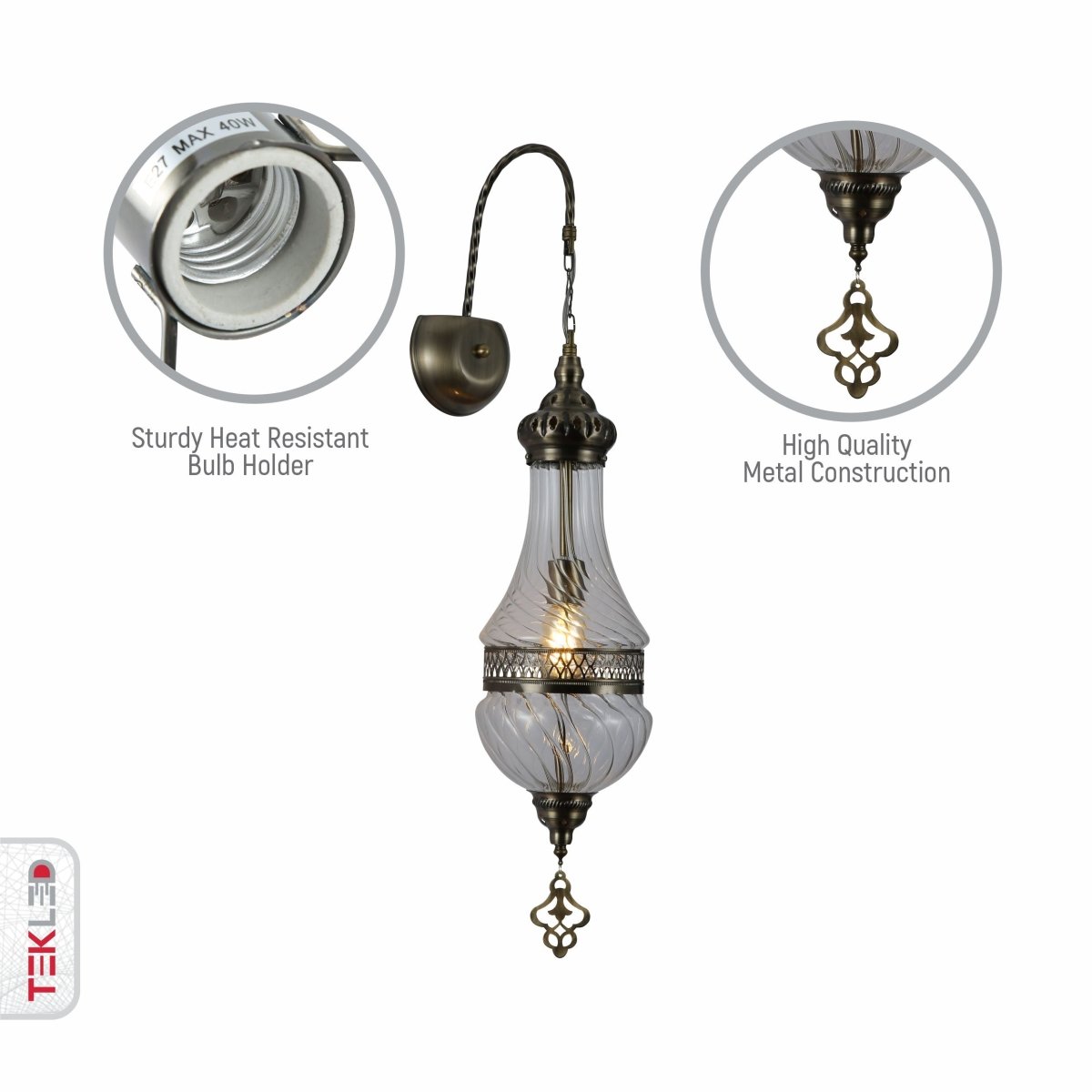 Close up shots of Clear Glass Antique Bronze Metal Body Moroccan Style Wall Light with E27 Fitting | TEKLED 151-19457