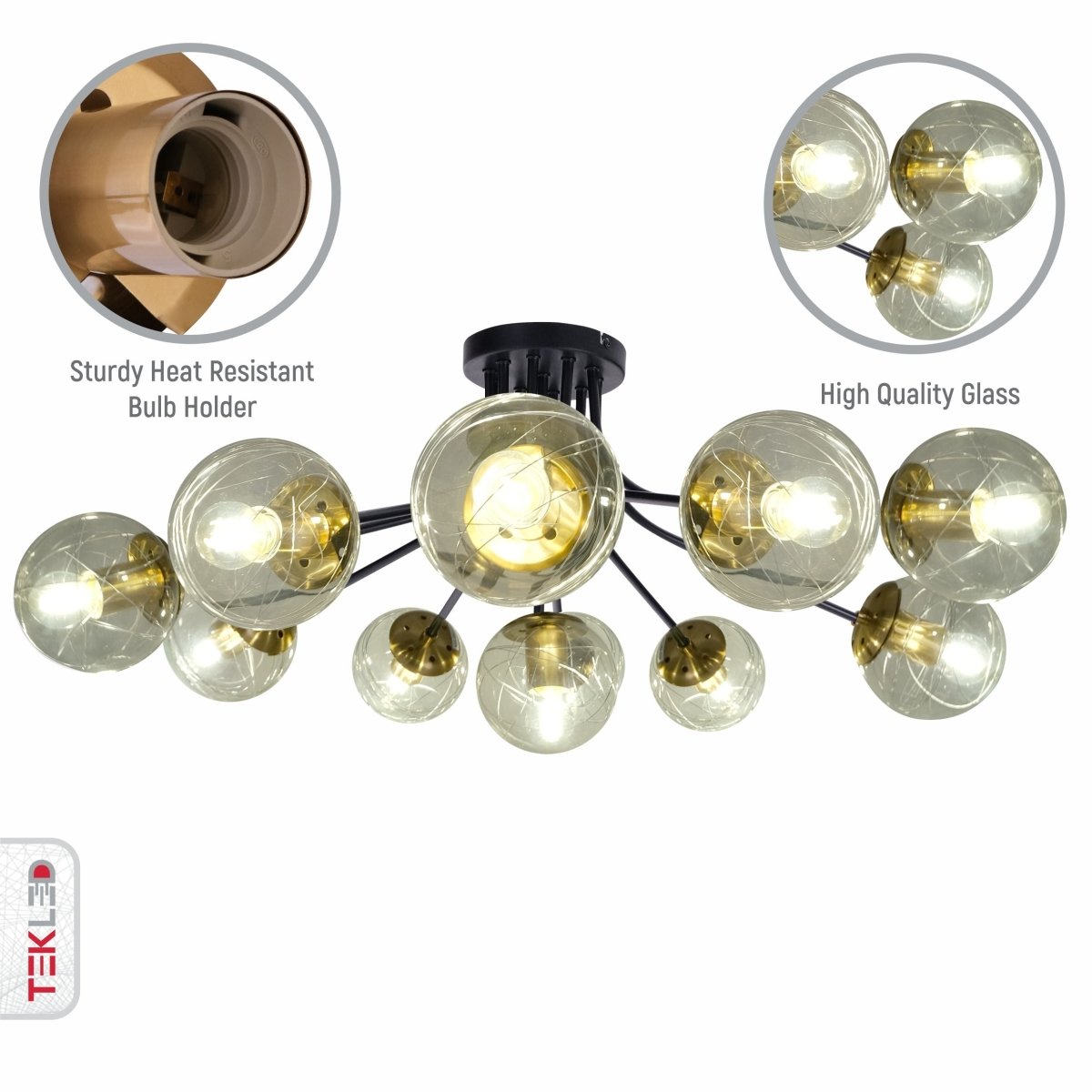 Close up shots of Clear Globe Glass Black Metal Semi Flush Ceiling Light with 11xE27 Fittings | TEKLED 159-17418