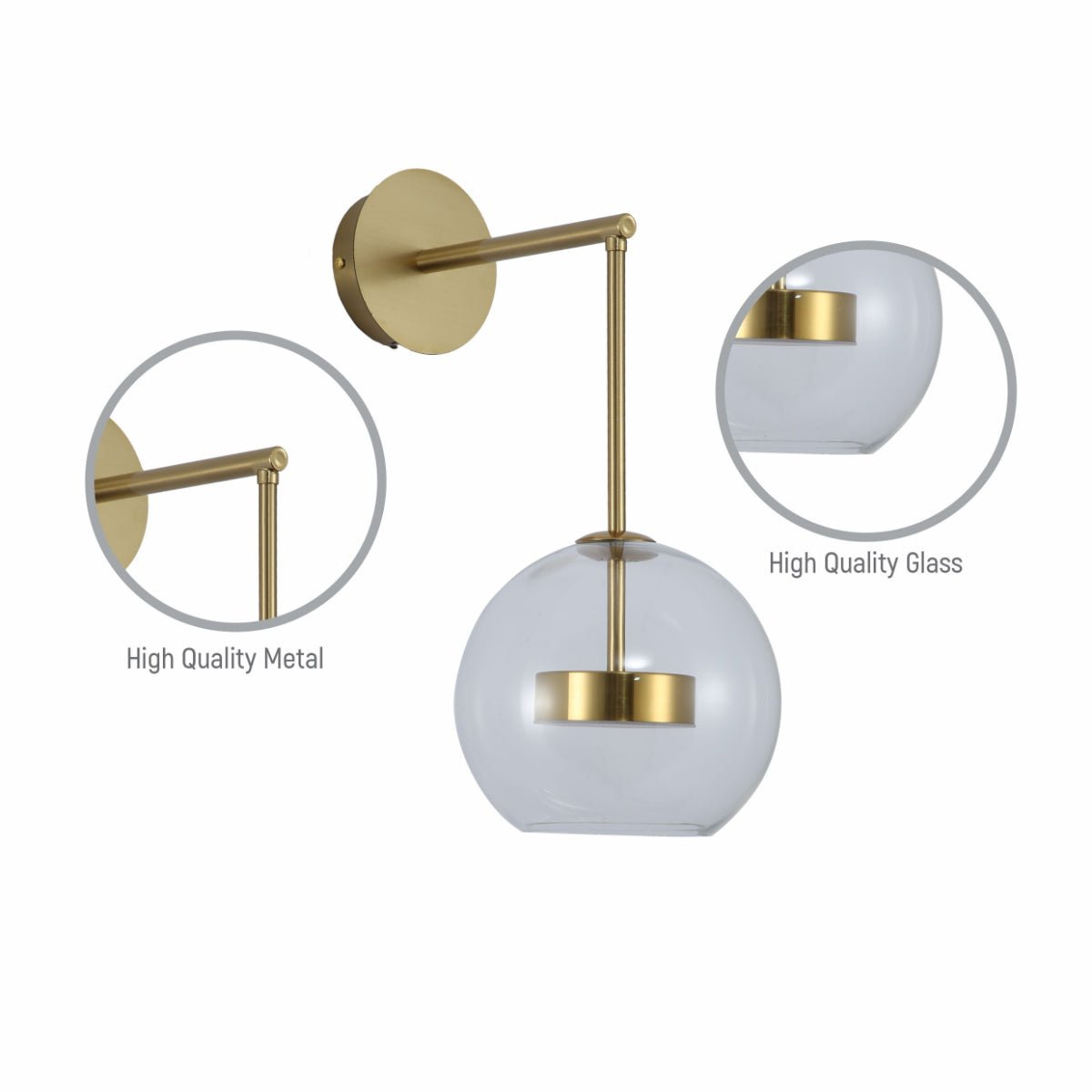 Close up shots of Clear Globe Glass Gold L-Shape Metal Cool Natural White 12W LED Wall Light | TEKLED 151-19744