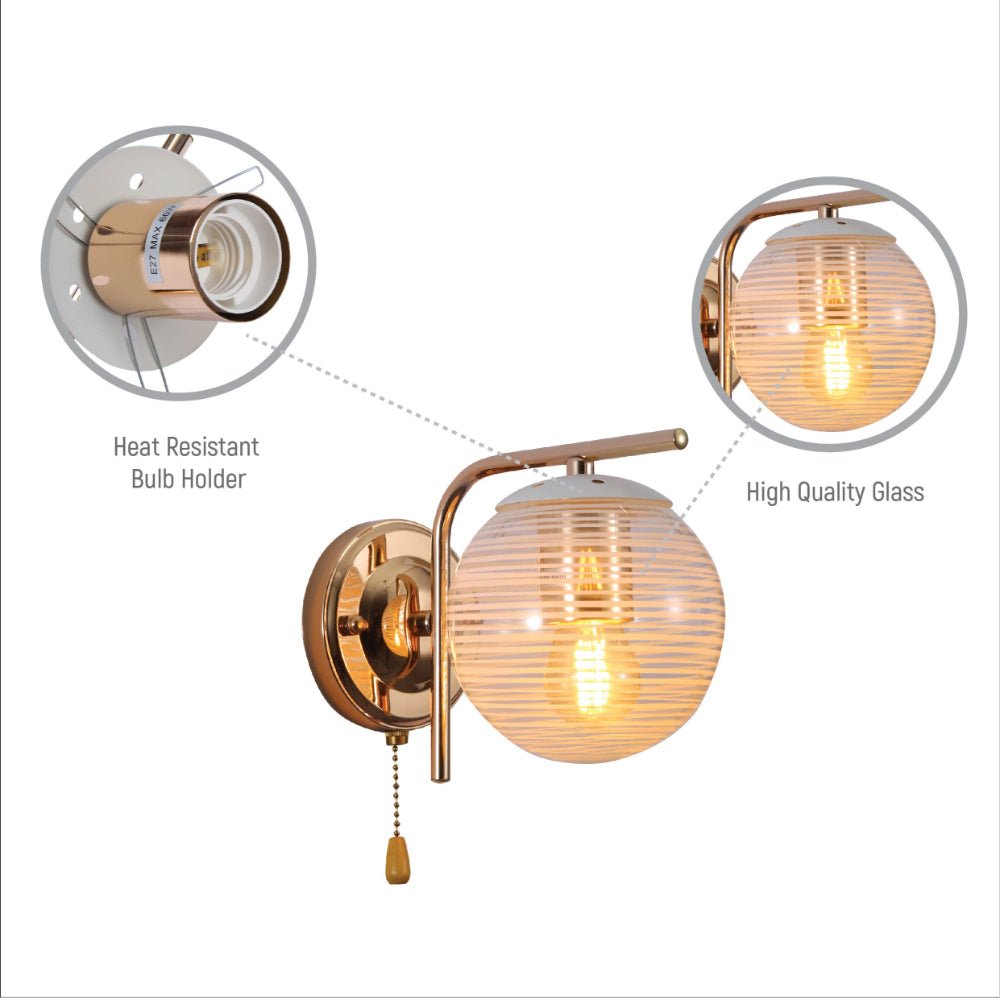 Close up shots of Clear Textured Globe Gold Wall Light E27 Pull Down Switch | TEKLED 151-19758