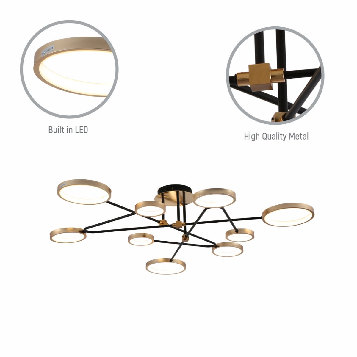 Close up shots of Contemporary Galaxy Gold Ring Black Rods Modern Semi Flush Chandelier Ceiling Light 72w Warm White | TEKLED 159-17550