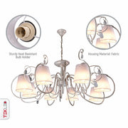Close up shots of Creamy White Shade Rice White Gold Brushed 8 Arm Chandelier with 8xE14 Fitting | TEKLED 158-17824