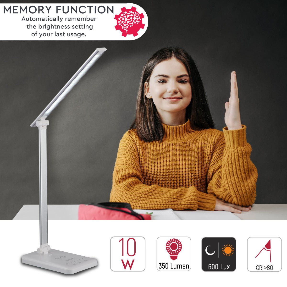 Close up shots of Dingo Silver Desk Light Dimmable and Colour Modes with Wireless Phone Charger | TEKLED 130-03612