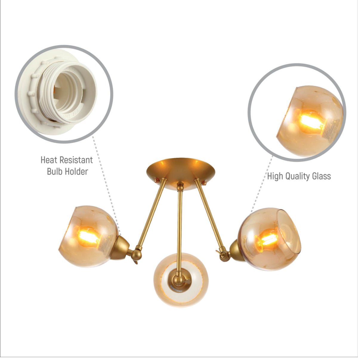 Close up shots of Gold Hinged Metal Amber Dome Glass Ceiling Light with E27 Fittings | TEKLED 159-17648