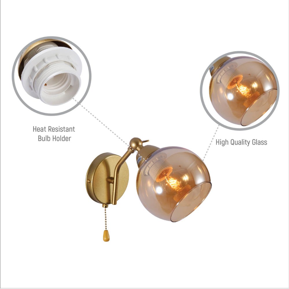 Close up shots of Gold Hinged Metal Amber Dome Glass Wall Light E27 Pull Down Switch | TEKLED 151-19776