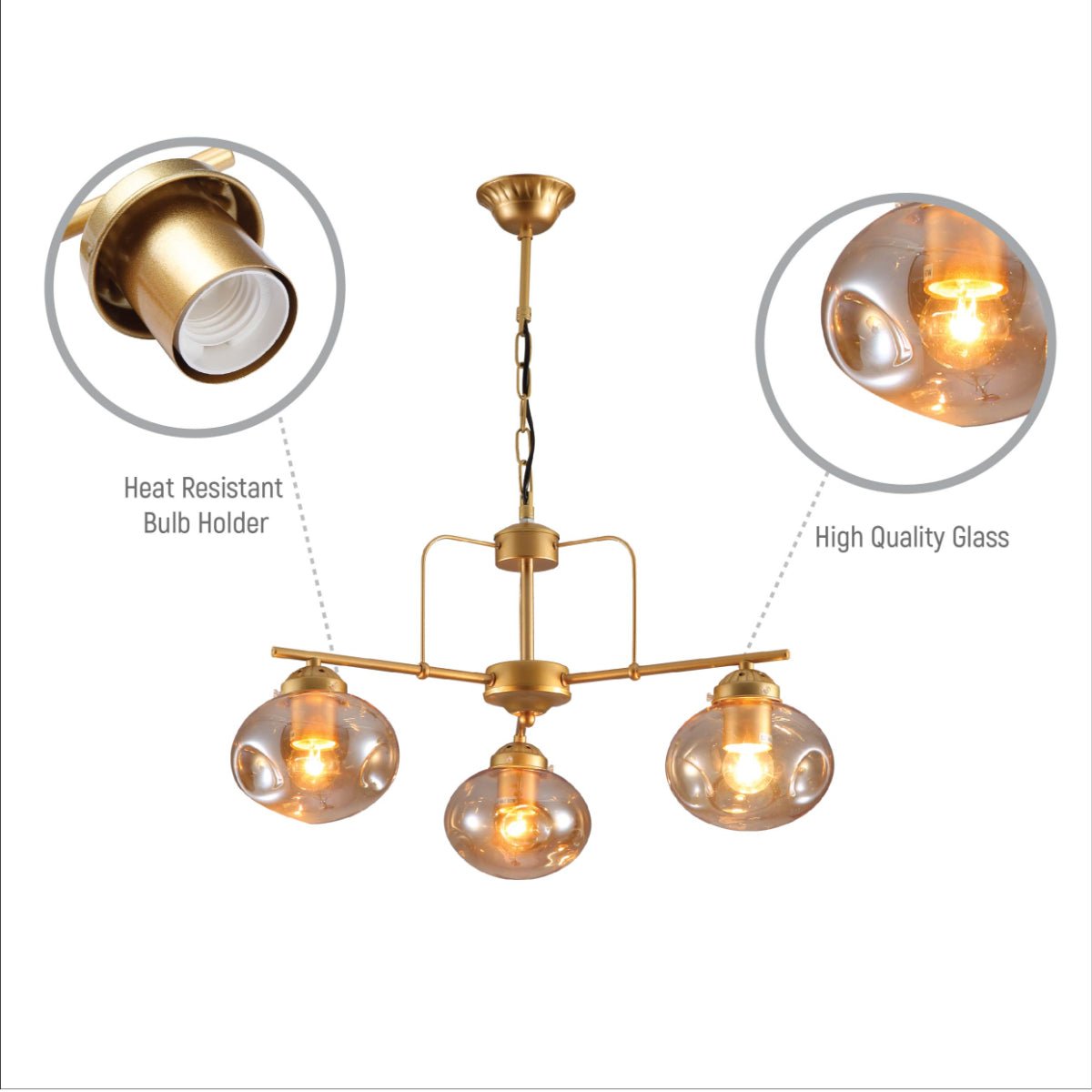 Close up shots of Gold Metal Rod Arm Amber Globe Glass Ceiling Light with E27 Fittings | TEKLED 159-17644