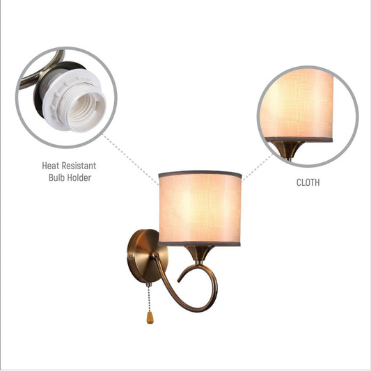 Close up shots of Grey Fabric Shade Antique Brass Hook Metal Vintage Retro Classic Wall Light with Pull Down Switch E27 Fitting | TEKLED 151-19798
