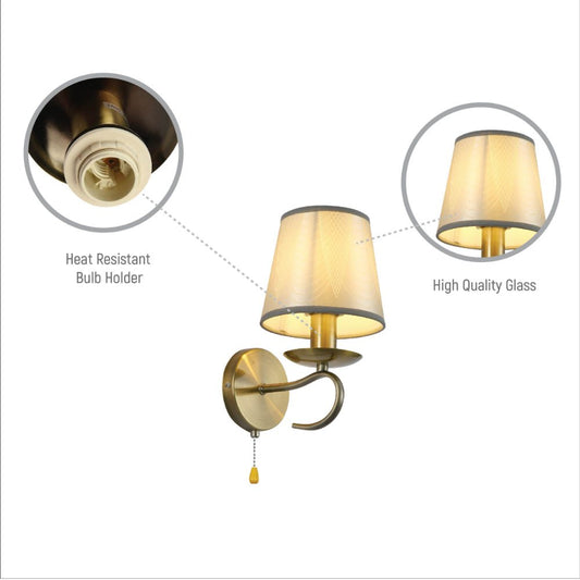 Close up shots of Grey Frustum Fabric Shade Antique Brass Vintage Wall Light E14 Pull Down Switch | TEKLED 151-19796